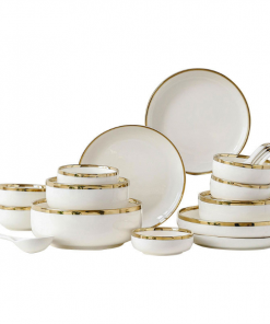 Bộ bát đĩa sứ kèm thìa viền vàng